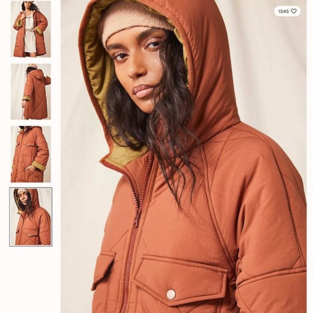 NWT Small Free People Kit Puffer Hooded Jacket Rust Olive Longline Quilted